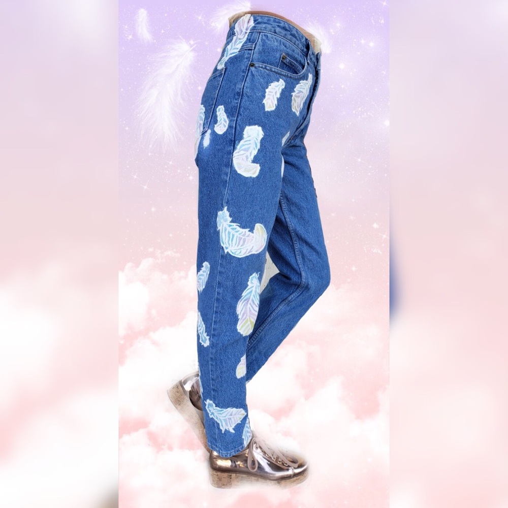 High Waist Hand Painted Jeans Grunge 90s Style - Picture 5 of 8